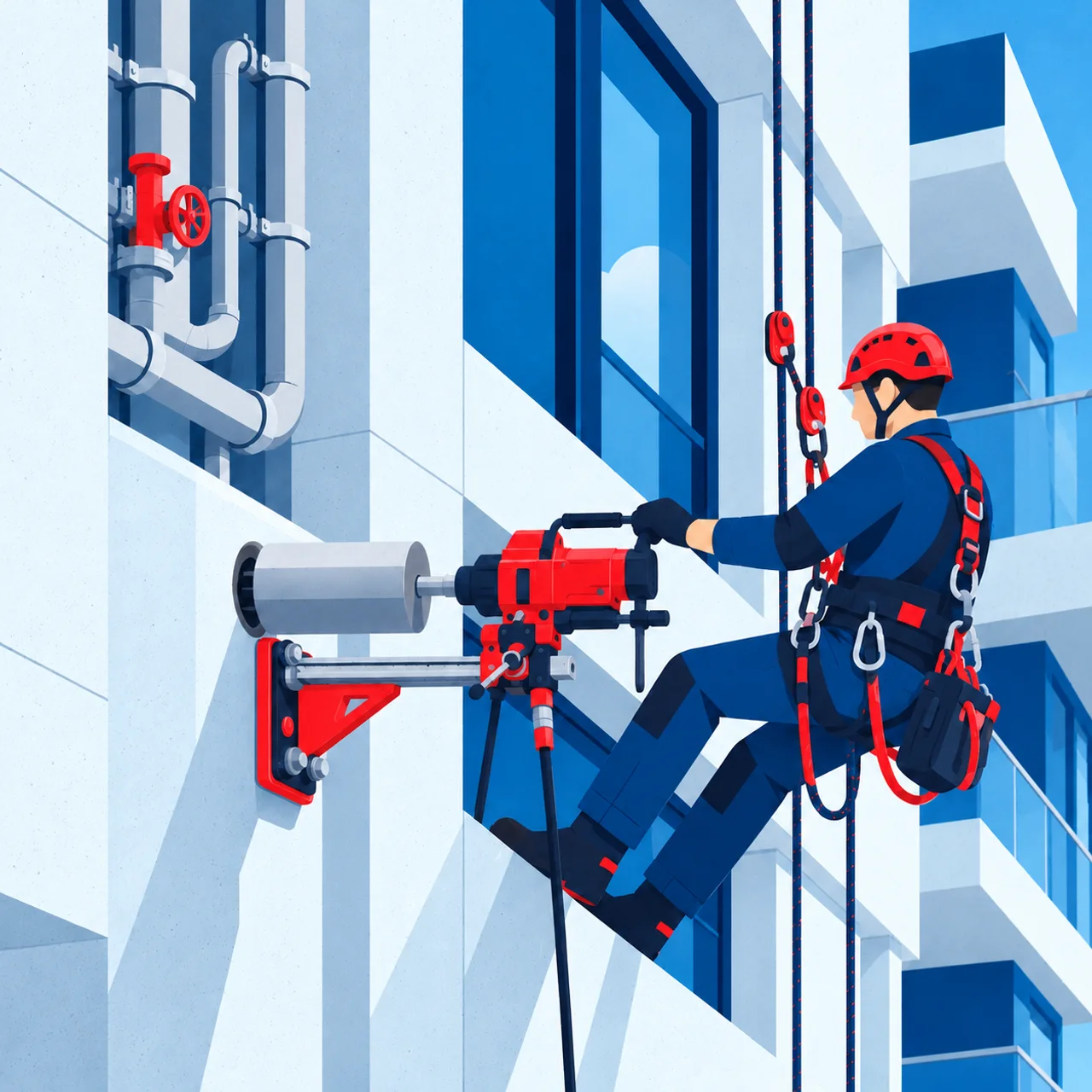 Ilustración de fontanería, un técnico de trabajos verticales y perforación de hormigón en un edificio