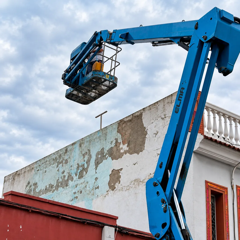 Intervención junto a una fachada con plataforma elevadora. Fotografía retocada con IA.